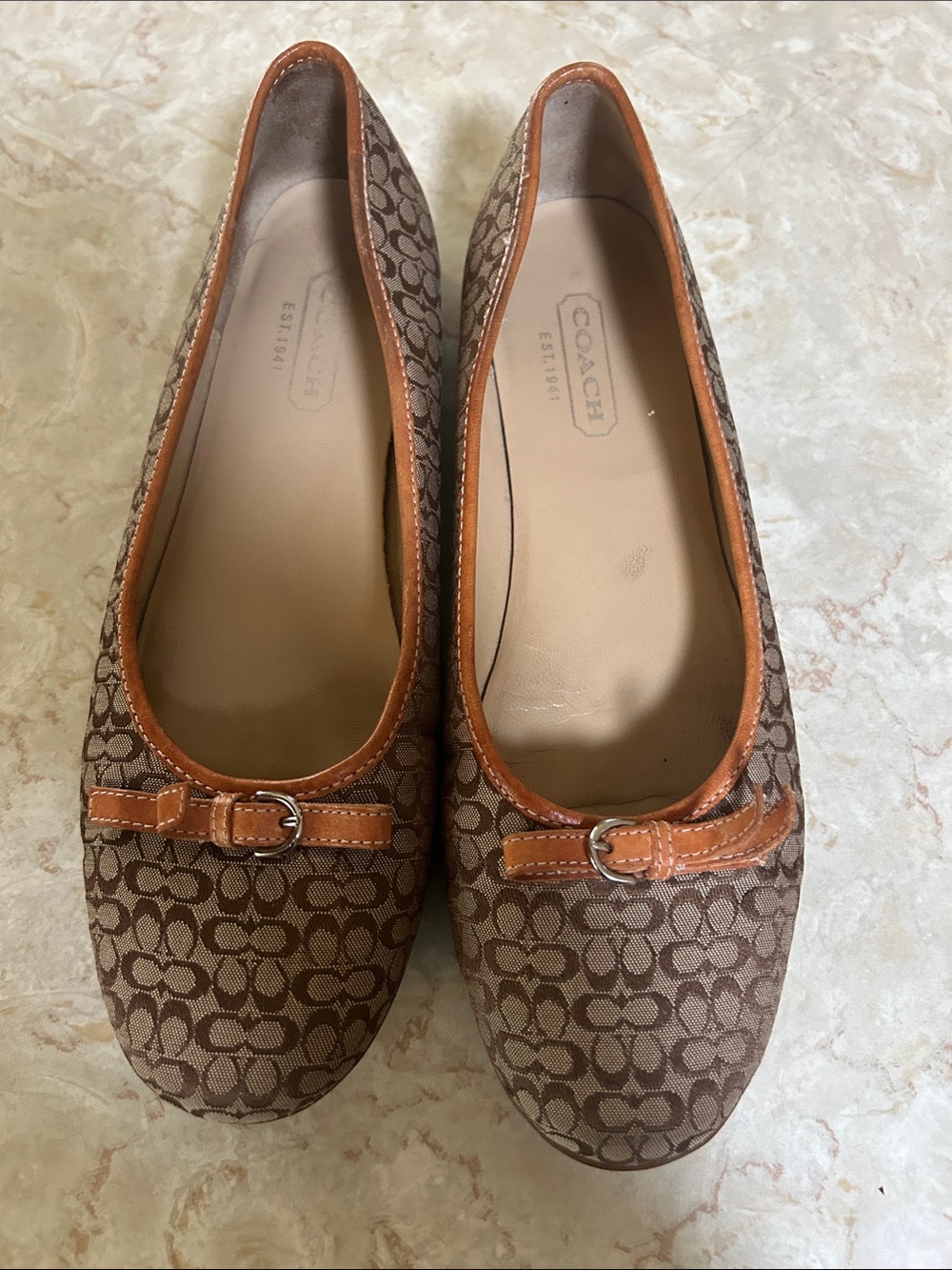 Coach Brown Signature Canvas Ballet Flats with Tan Leather Trim and Buckle